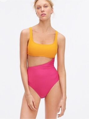 J. Crew Cutout One Piece Colorblock Pink Yellow Swimsuit Size 8